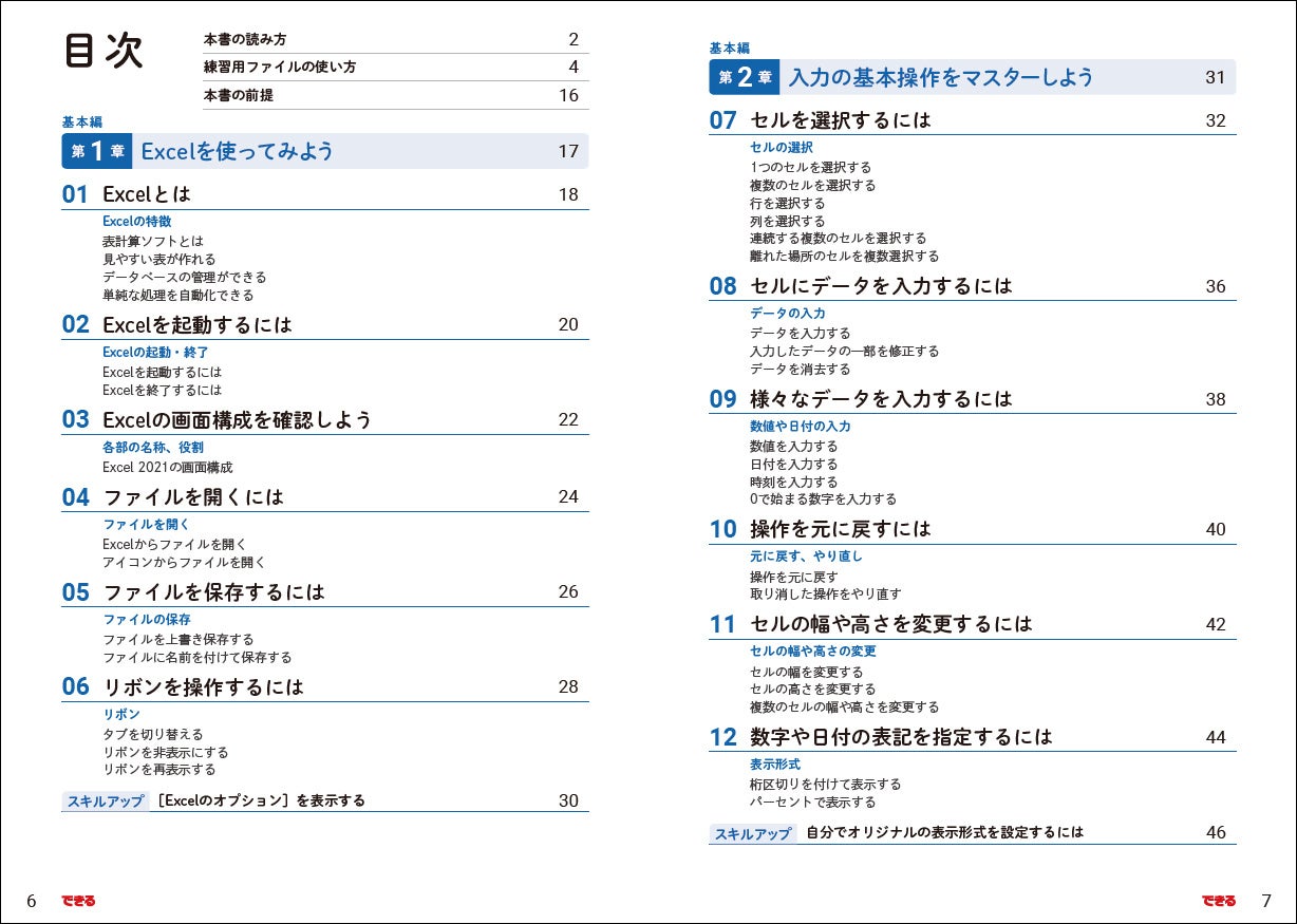 レッスンの具体的な内容がわかり、知りたいことをすぐに探せる目次