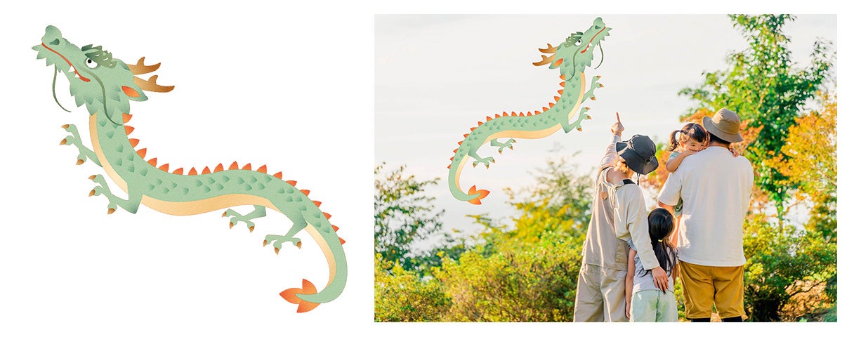 FanTopアプリの「AR撮影」機能を利用して、龍のデジタルパネルスタンドと一緒に写真や動画を撮ることができます。