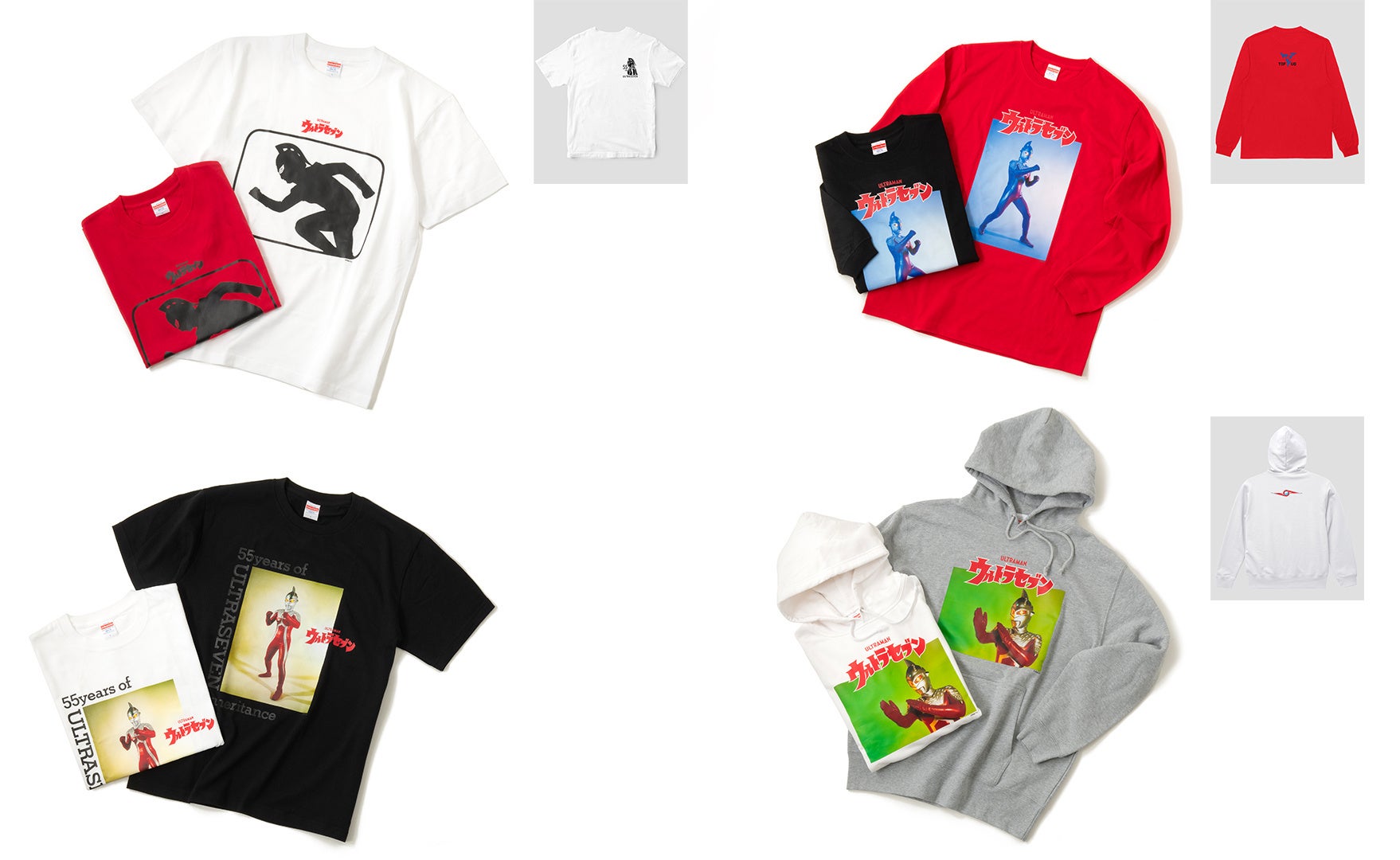 Tシャツ TYPE A（左上）、Tシャツ TYPE B（左下）、ロンT（右上）、パーカー（右下）