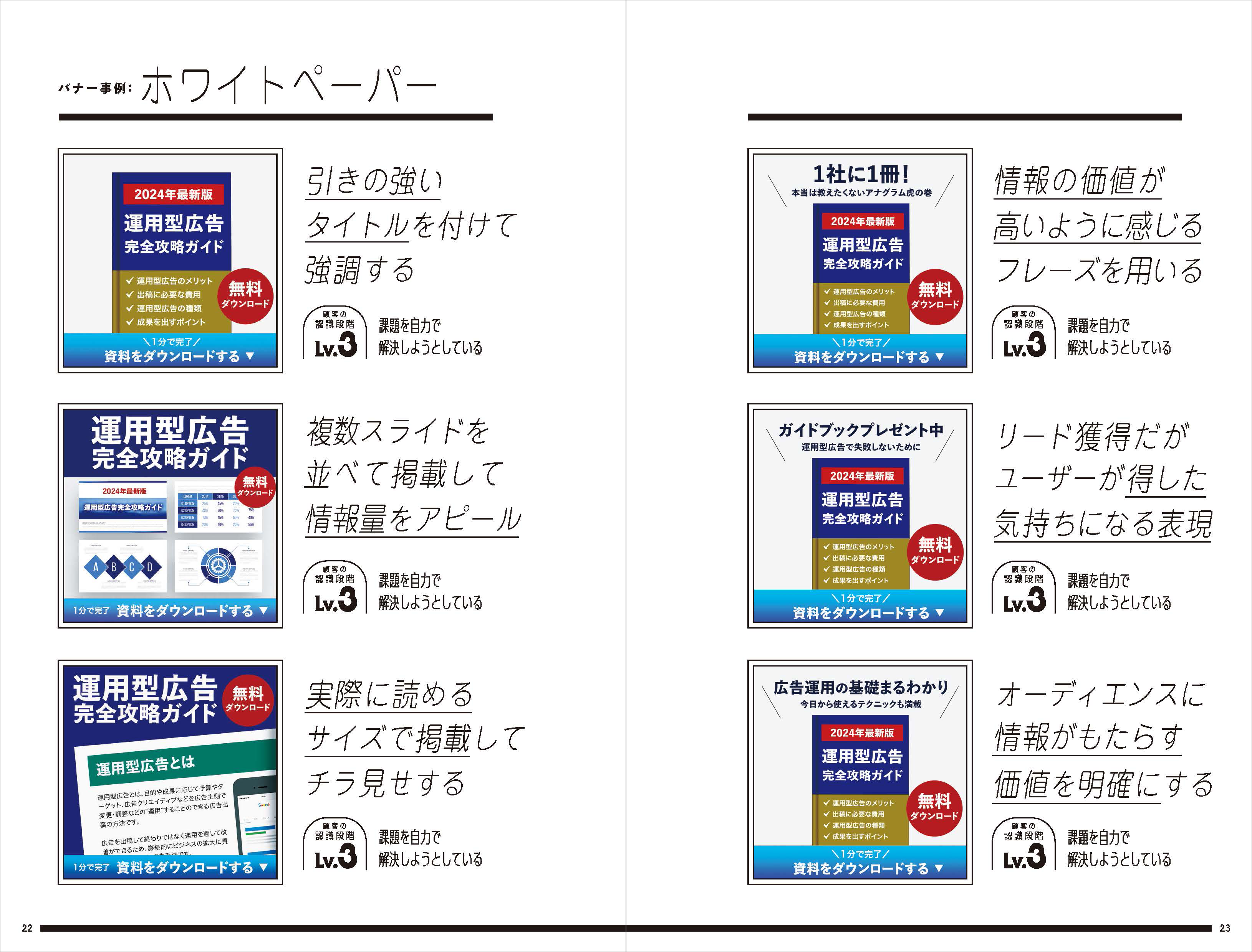 「BtoBバナー事例集」には、SNS広告を想定したクリエイティブの例をカラーで掲載しています