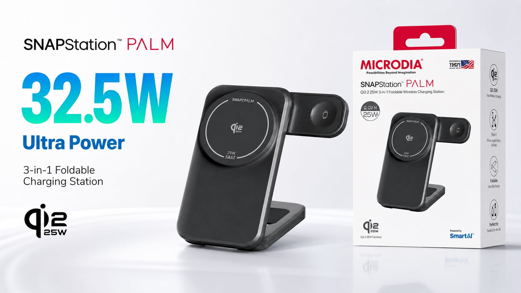 MICRODIA、Qi2.2対応25Wクラスの3-in-1折りたたみ式充電ステーション MICRODIA、Qi2.2対応25Wクラスの3-in-1折りたたみ式充電ステーション