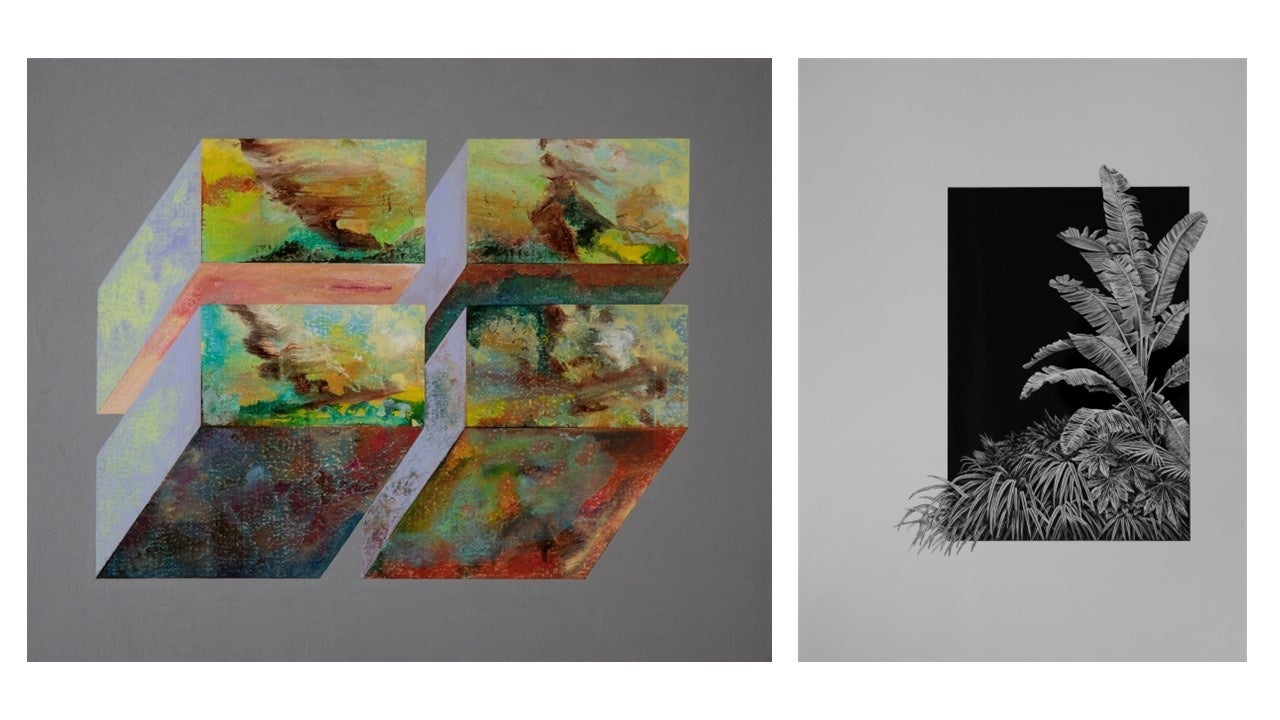 左:「gesture」2022 素材 acrylic on canvas、右:「observation」2022/Gouache,lacquer on wood panel332×242㎜