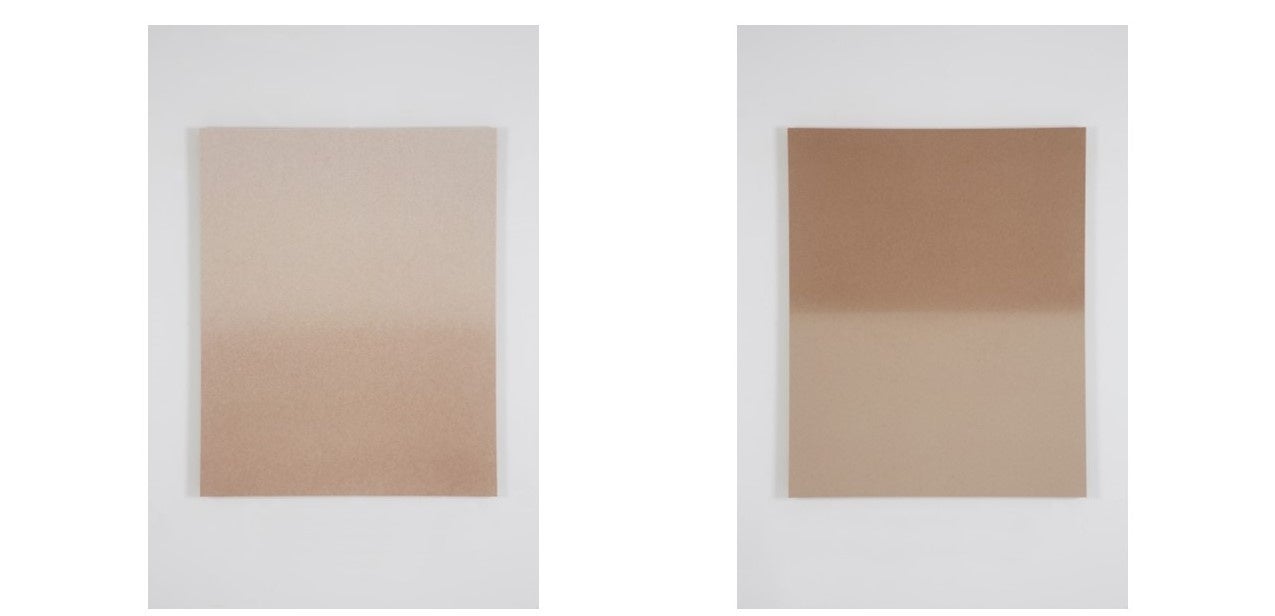 <br/> <br/>「Border No.４」（左）「Border No.6」（右）／木製パネル、FRP、レジン、アクリル絵の具／100×80×５㎝