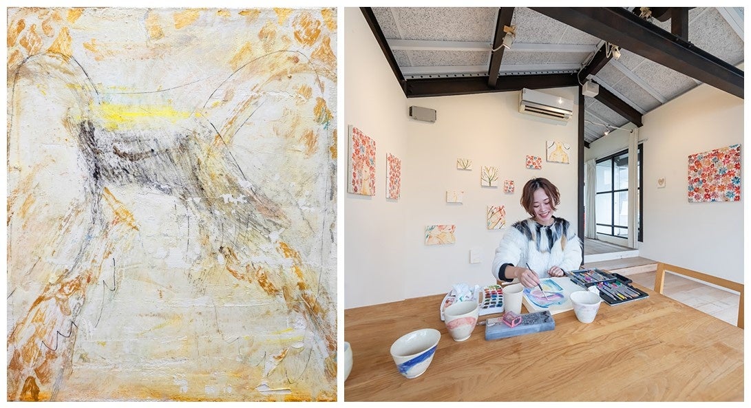 左：「HER」, 8号(455mm×380mm), 油彩, 2019、右：やましたあつこポートレイト