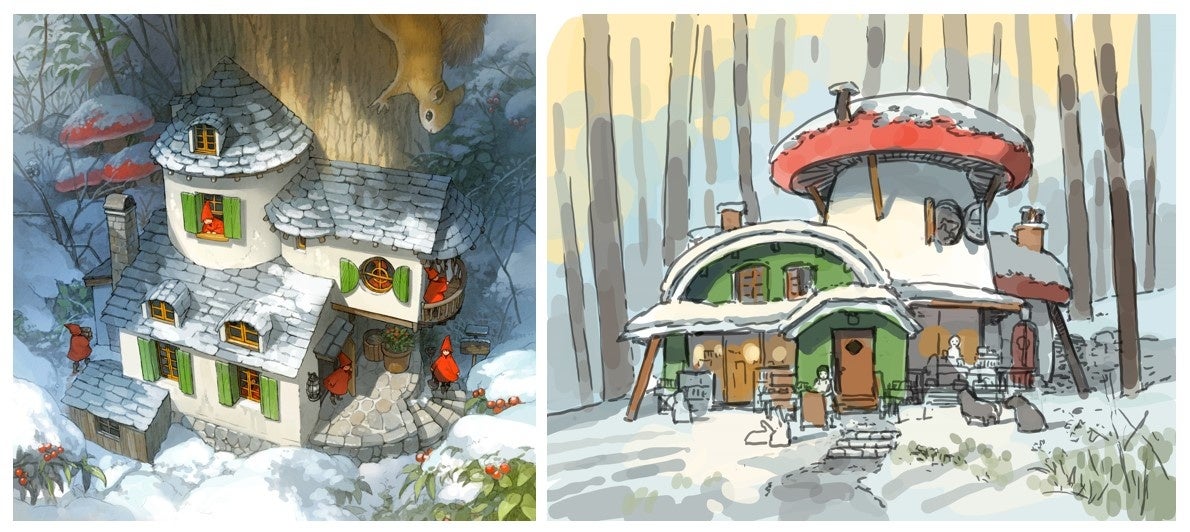 左：「七人のこびとの家」、右：新作「深い森のブックカフェ」ラフ画