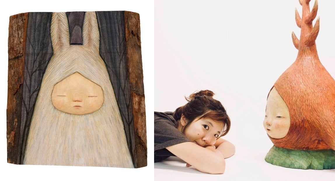 左：《In silence》43.7x40x5.1cm 楠、油彩 2022、右：中村萌ポートレイト