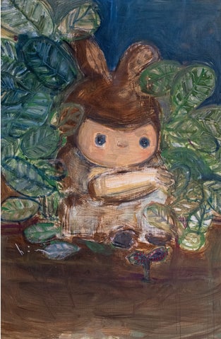 「かくれんぼ」、2023、油絵の具、刺繍、127×83cm