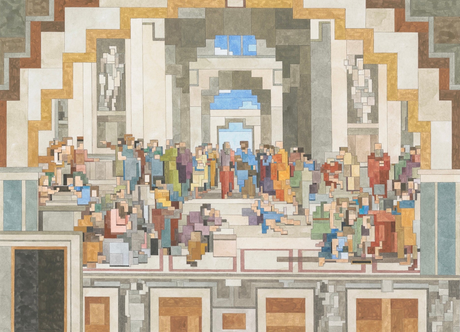 アテナイの学堂,40.7x56.0cm,紙に水彩,2023