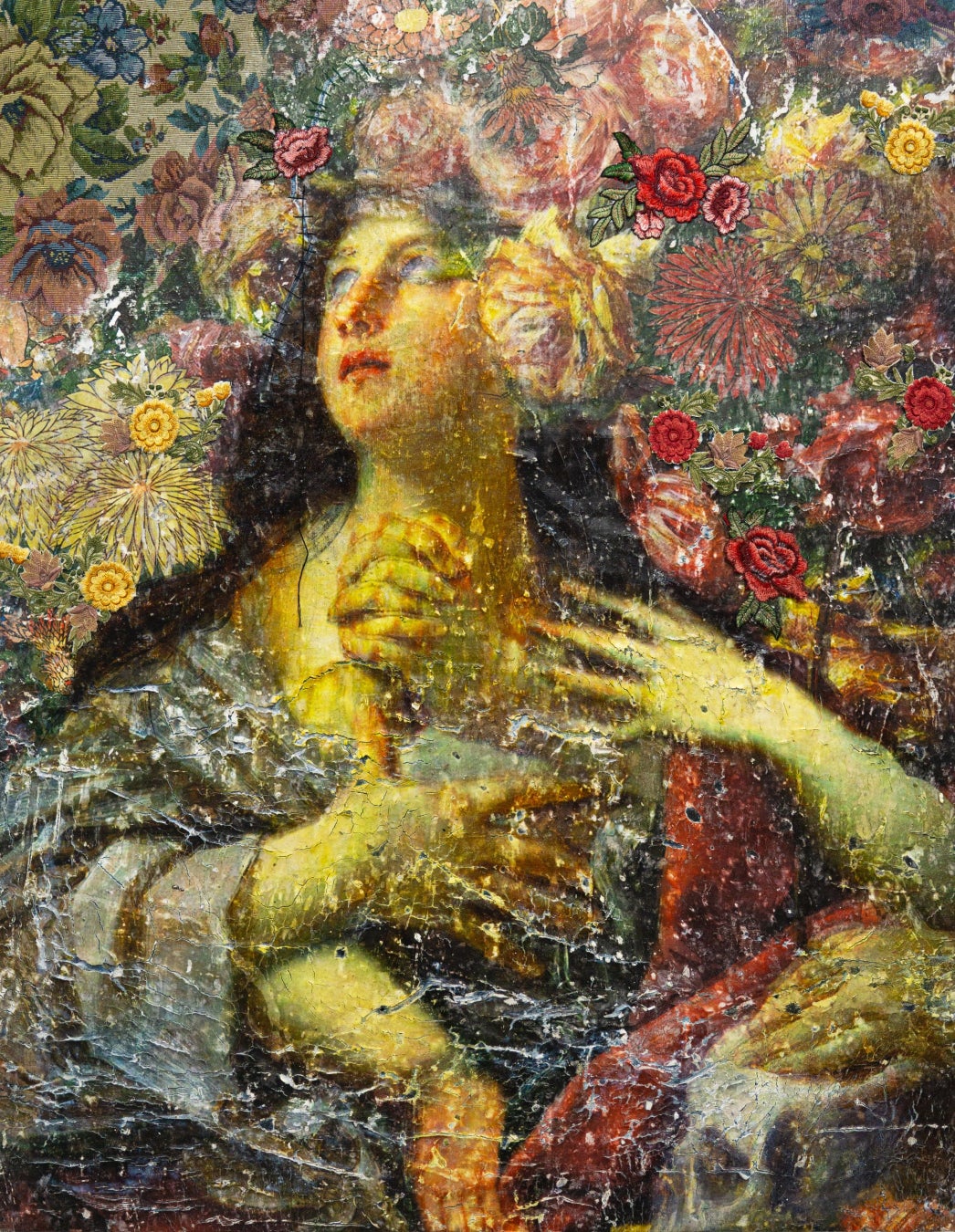 《九相図》H1167×W910mm, 木枠、ウール生地、織物、刺繍、糸、油彩、メディウム転写,2023