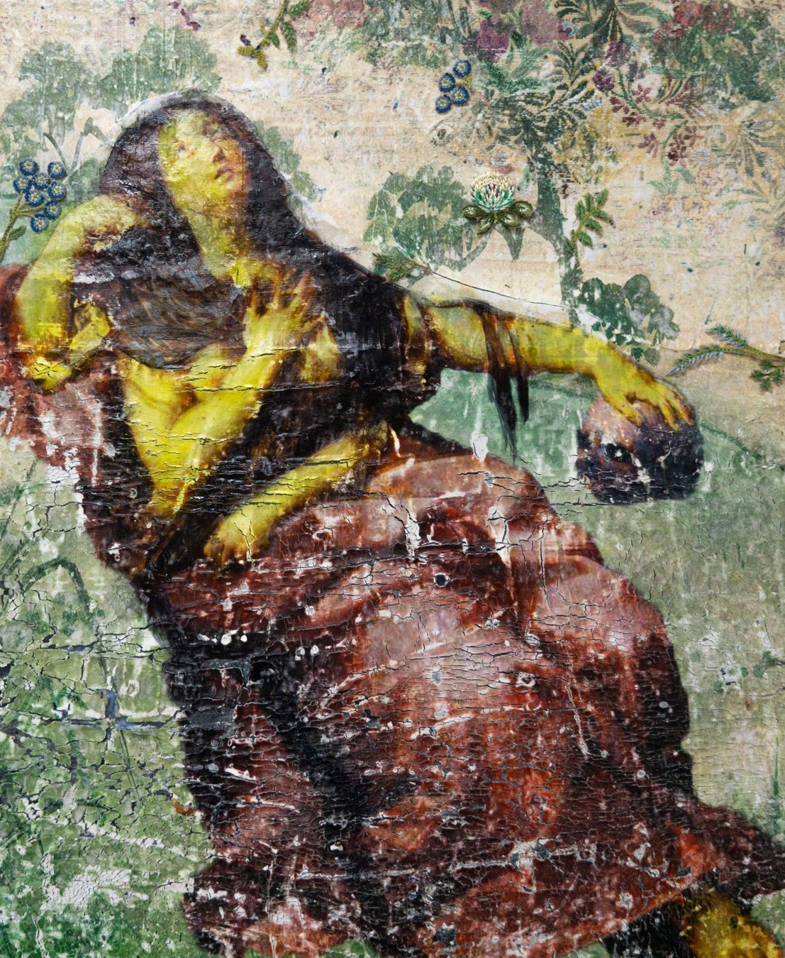 《九相図》H652×W530mm, 木枠、ウール生地、織物、刺繍、糸、油彩、メディウム転写,2023