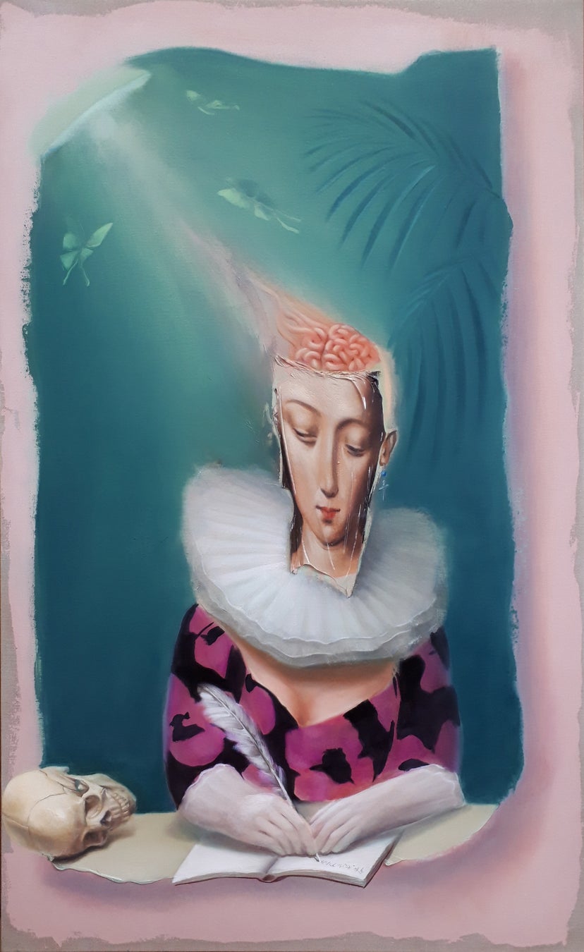 「思考盗聴」, 1303×803㎜ , 油絵、キャンバス , 2023(銀座 蔦屋書店展示作品)