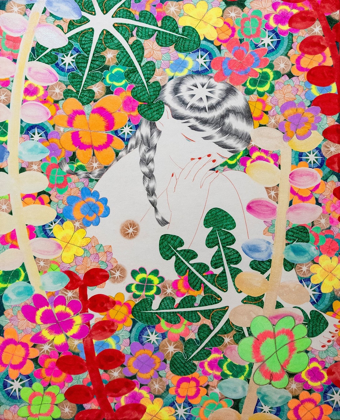 《dreaming》2023 パネルに和紙、岩絵の具、水彩、ペン、色鉛筆 /652×530㎜