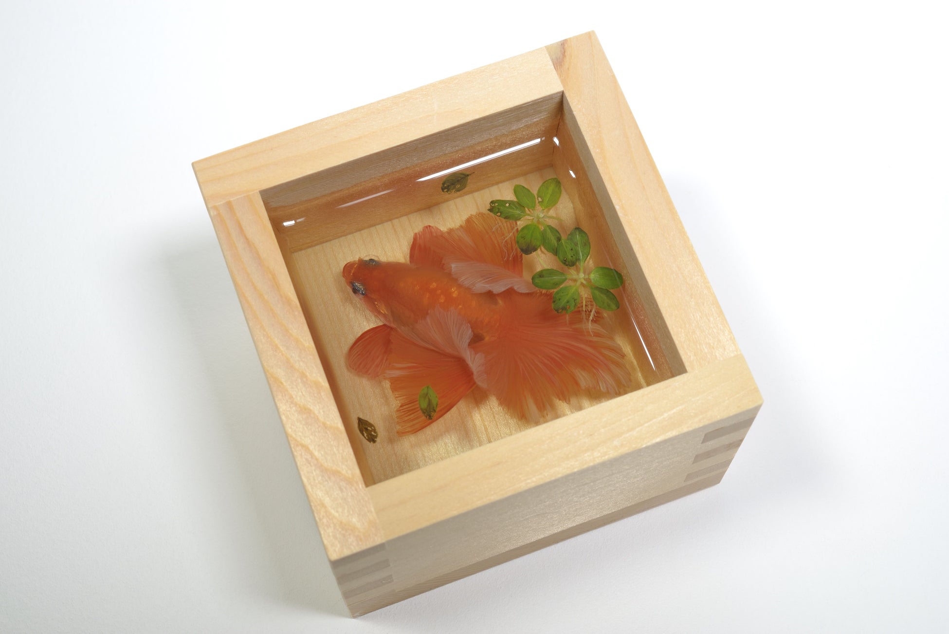 金魚酒 命名 桂風 Kingyo-sake name:Katsurakaze、2024、85×85×H55mm、木曾檜一合枡 超難黄変エポキシ樹脂 アクリル絵具