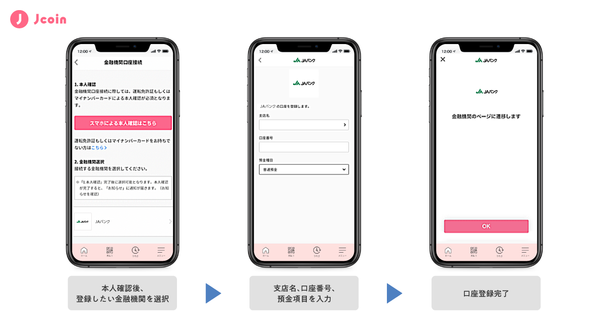 J-Coin Payでの口座登録画面フロー