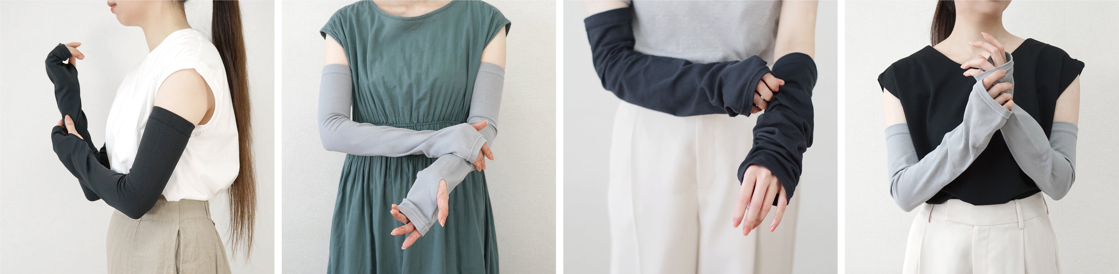 使用シーンや好みのフィット感にあわせてカラーやサイズを選べます。（UVカット率：ブラック99%、グレー97%）