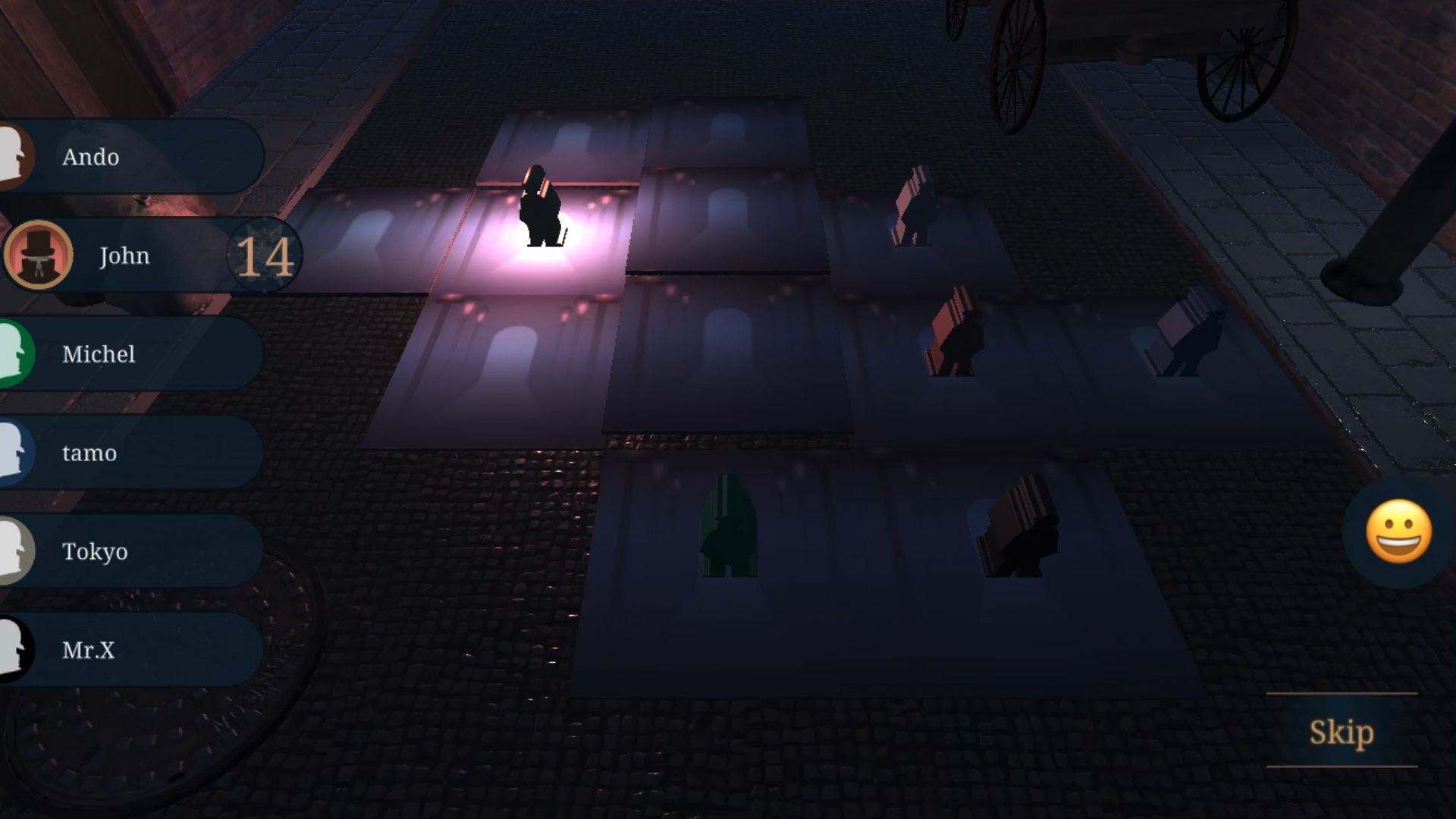 犯人プレイヤーが殺人を犯すタイルを選択しているシーン