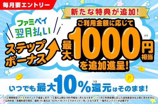 【さらに特典を追加!】ファミペイ翌月払いステップボーナスがおトクを追加してリニューアル!ご利用金額に応じて最大1,000円相当を追加進呈 【さらに特典を追加!】ファミペイ翌月払いステップボーナスがおトクを追加してリニューアル!ご利用金額に応じて最大1,000円相当を追加進呈