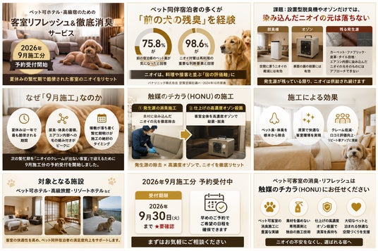 ペット可ホテルの客室リフレッシュ&徹底消臭、9月施工分を予約開始|ホテル消臭専門・株式会社HONU ペット可ホテルの客室リフレッシュ&徹底消臭、9月施工分を予約開始|ホテル消臭専門・株式会社HONU