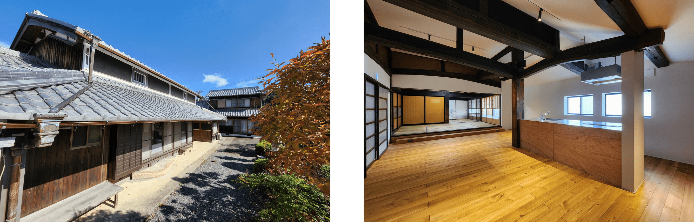 （左：築150年超えの古民家をリノベーション、右：重厚な梁や柱をあえて見せる仕上げにしたリビングダイニング）