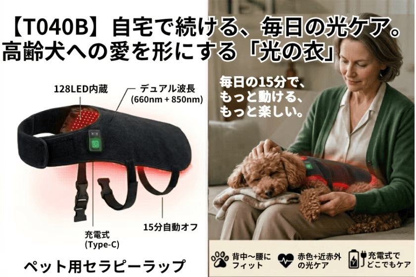 【高齢ペットの在宅ケアに新しい選択肢】巻くだけ15分の簡単光ケア。赤色LED×近赤外線のペット用セラピーデバイス「T040B」がCAMPFIREにて6月15日より先行販売スタート