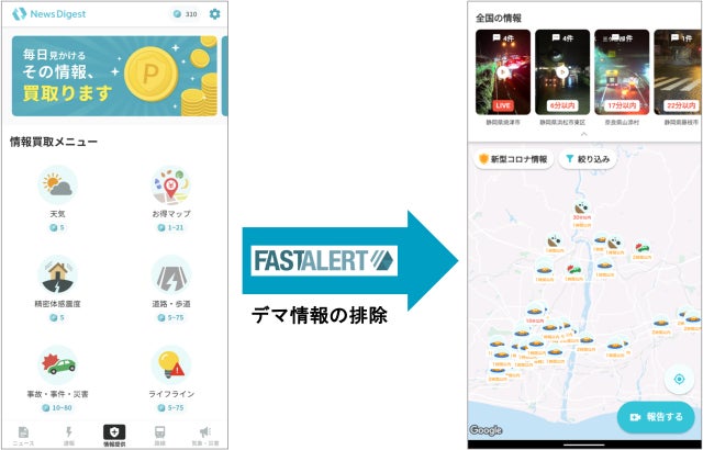 図 NewsDigestの情報提供機能(左)とコロナ・防災マップ(右)