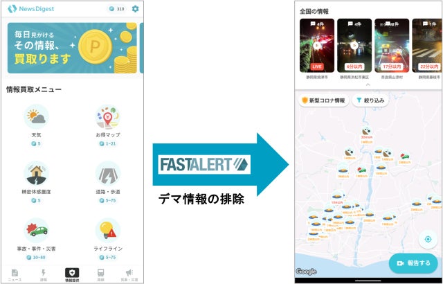 図　NewsDigestの情報提供機能（左）とコロナ・防災マップ（右）