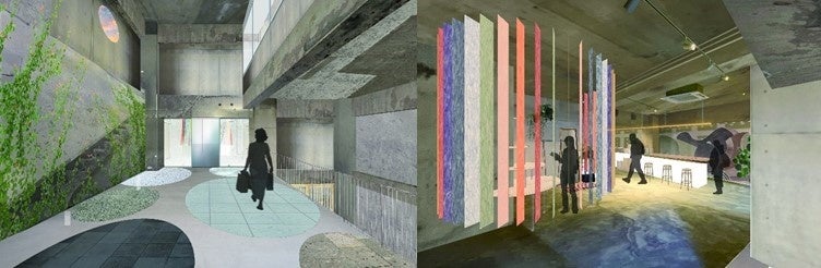 イメージパース：（左）1階エントランス・（右）1階フロント・ロビーエリア