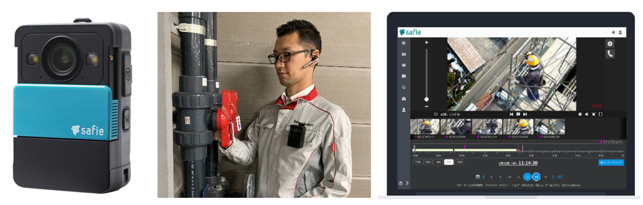 左）ウェアラブルカメライメージ　中央）装着イメージ　右）モニタリング画面イメージ