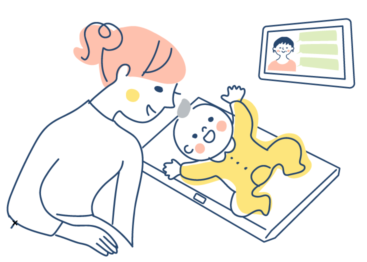 個室型ボックス内で乳児の体重を測りながら助産師にオンライン相談をしているイメージ