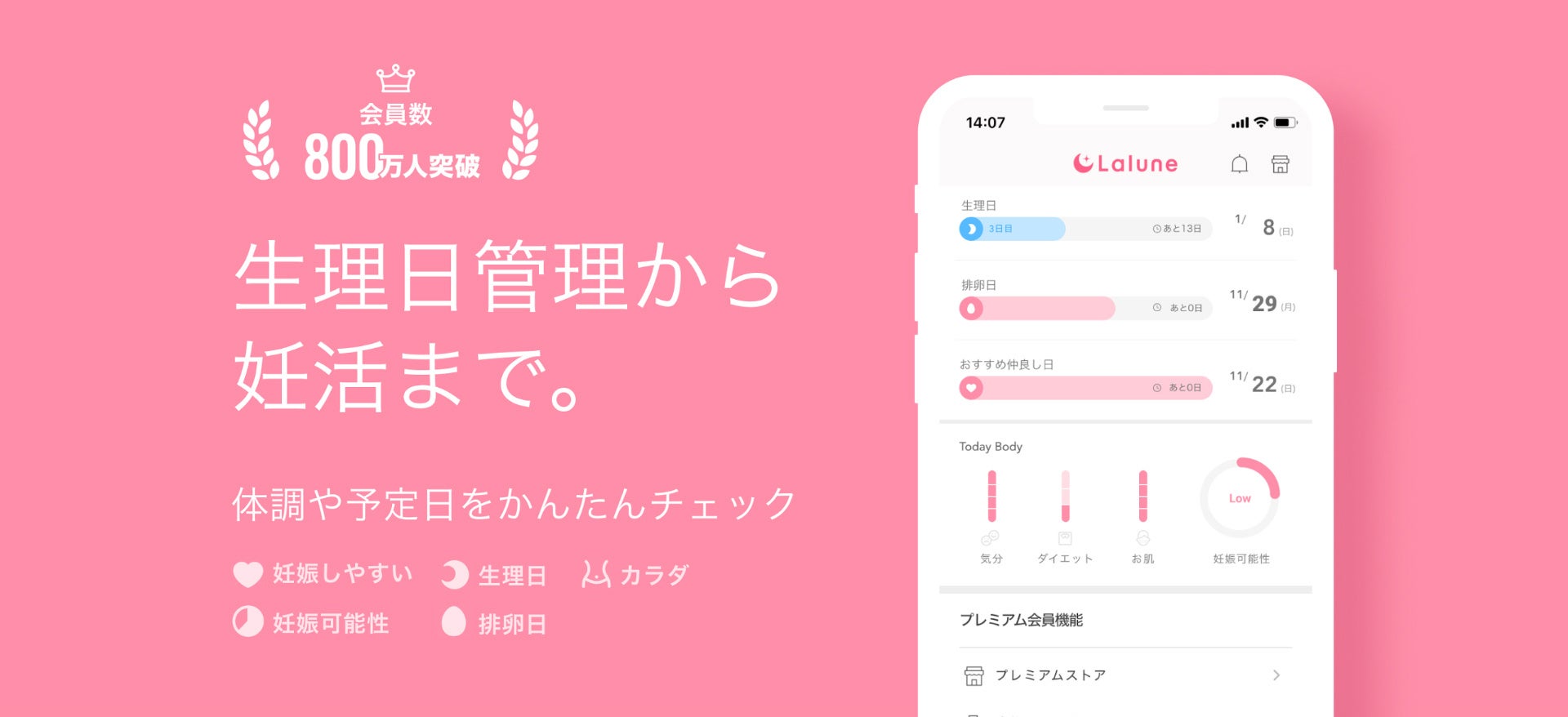 ラルーンは生理日や排卵日をかんたん管理できる、妊活女性におすすめのアプリです。