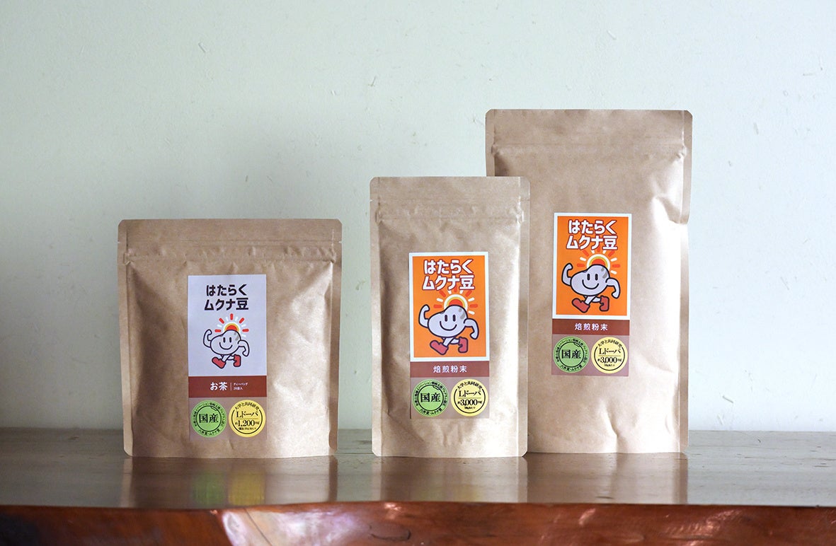はたらくムクナ豆(左:お茶 右・中央:焙煎粉末)