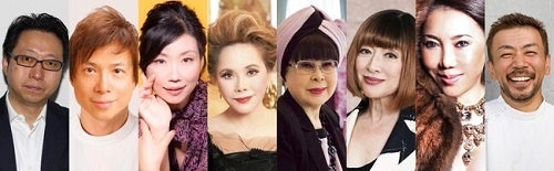 ▲左から上野和孝氏、桜宗佐氏、永井松美、デヴィ・スカルノ氏、桂由美氏、Mimi mika Tanaka氏、龍信之助氏