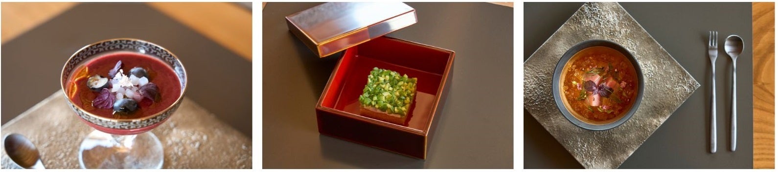 ▲(左から)雪ほたかの冷製スープヴァイオレット、夏野菜のサブレ白味噌仕立て、豚フィレ酒粕マリネ