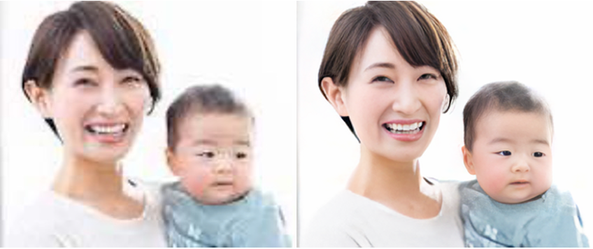Falper SRによるAI画像処理の一例。圧縮をかけた変換前の画像（左）と変換後の画像（右）（写真提供  PIXTA）