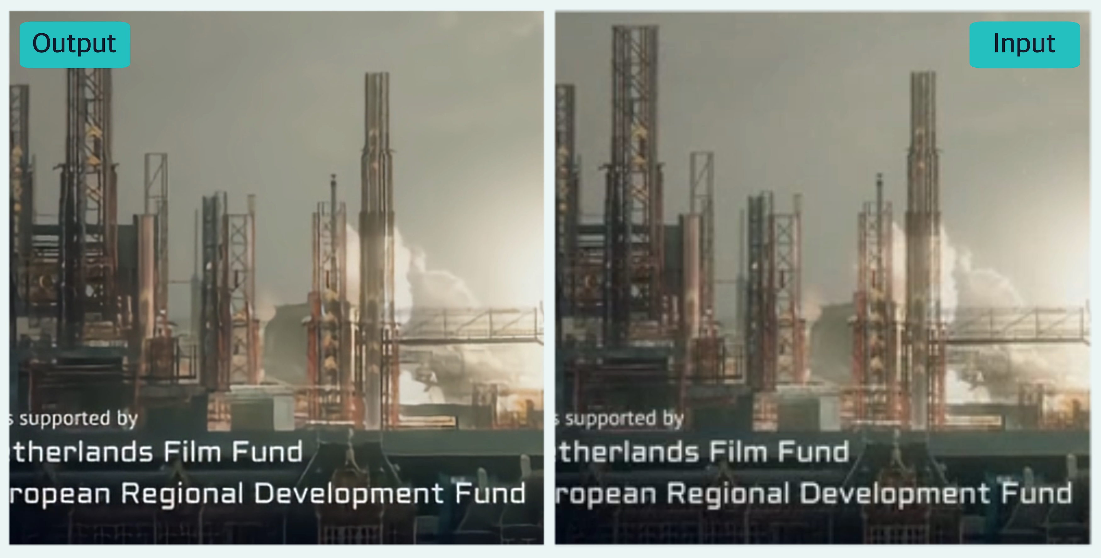 今回発表した新技術の応用結果（左　変換後、右　変換前）。AIを活用し動画の画質を向上させる。