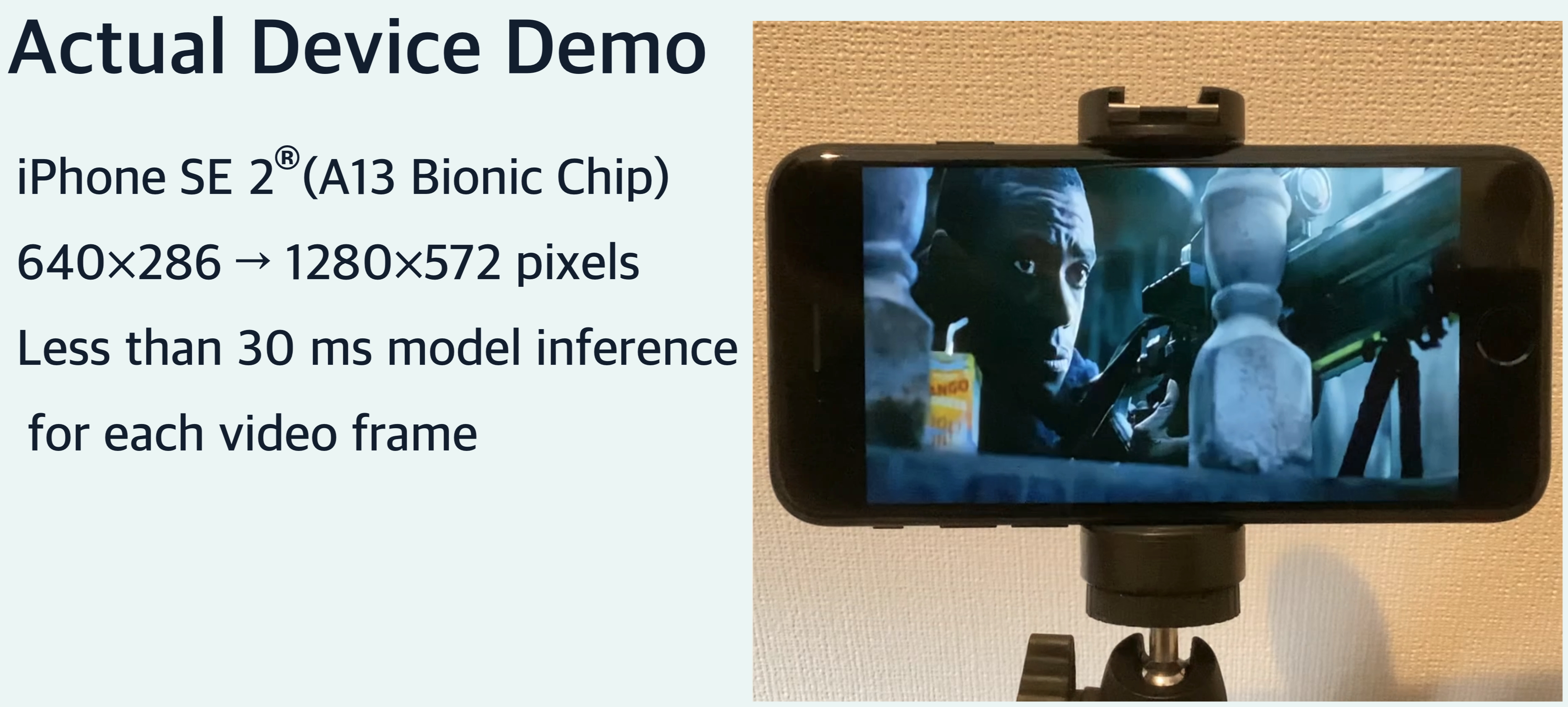 動画の一部抜粋。スマートフォンの端末上で動画をリアルタイムで高解像度した例。