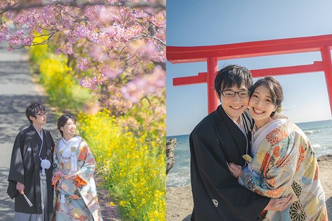 着物姿を美しくしっかり残す、河津桜+寺社で撮る和装プラン