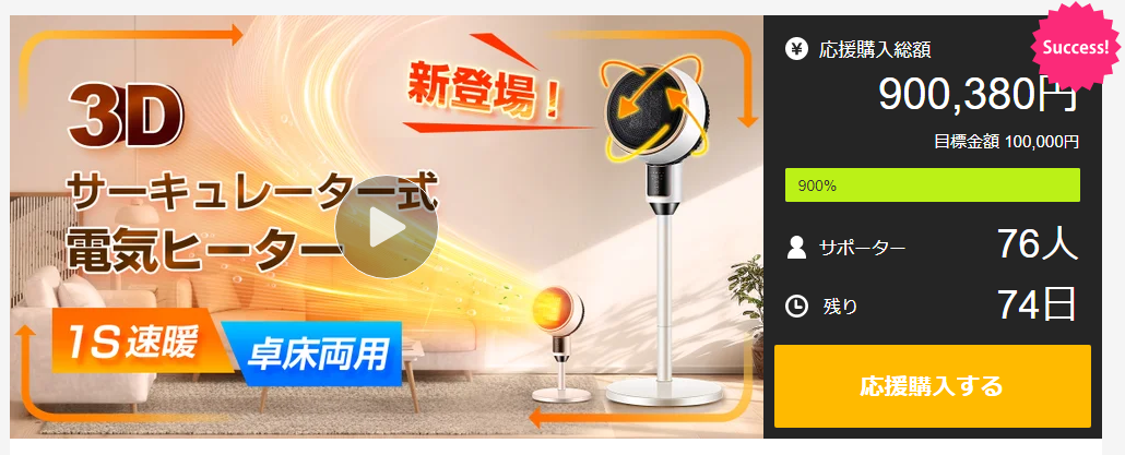 公開僅か5分で目標金額達成】「省エネの重宝！1S速暖で冬夏兼用＆室内