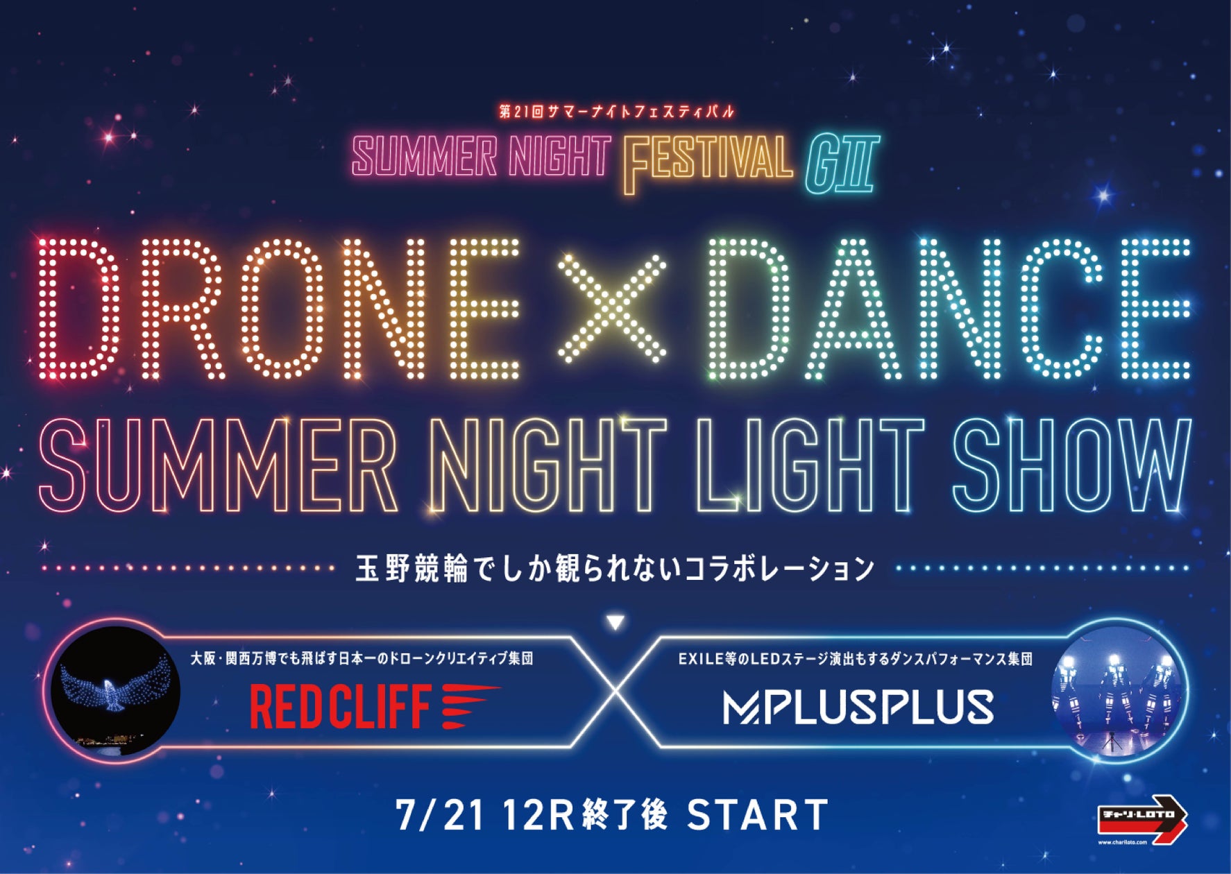 玉野競輪場の夜空を彩る“ドローン&LED”演出が、サマーナイトフェスティバル(GⅡ)で実現 | 株式会社チャリ・ロトのプレスリリース