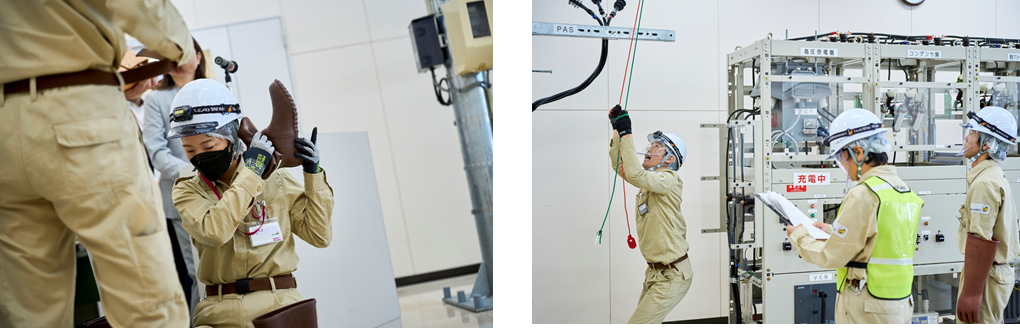 （左）絶縁用保護具の点検（右）停電原因調査前に電気を遮断