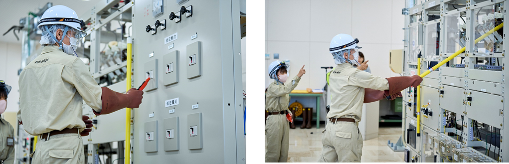 （左）安全のため電気が残っていないか確認（右）原因を除去した後の復旧作業