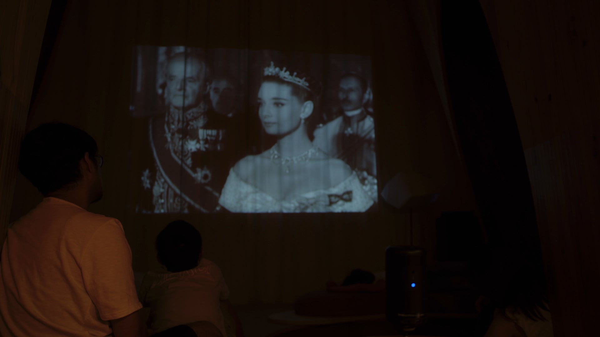 備え付けのプロジェクターでキャビンの  壁に投影すれば、気分はもう映画館。