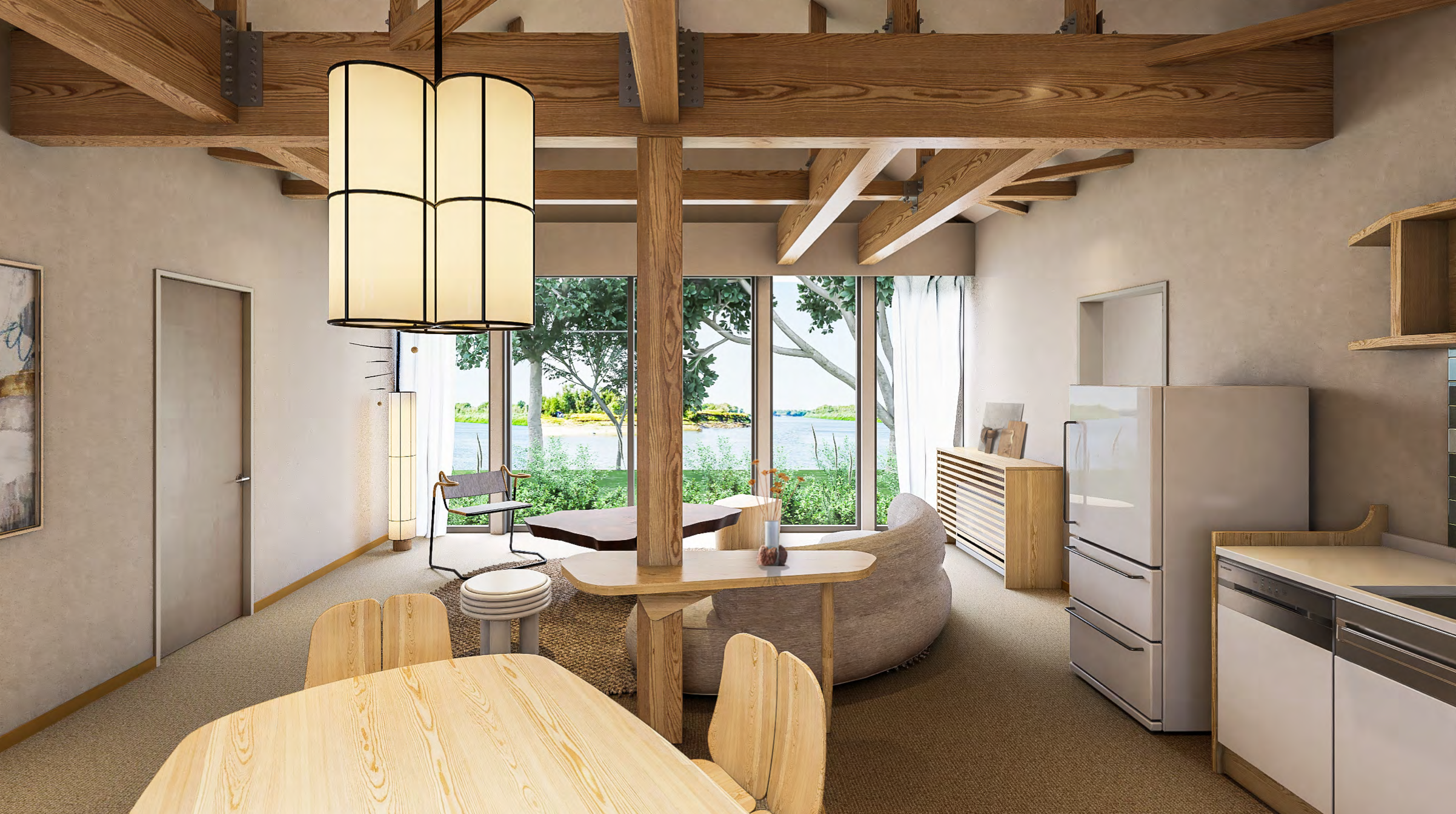 ​ 勾配天井で天高の開放感抜群のリビングダイニング