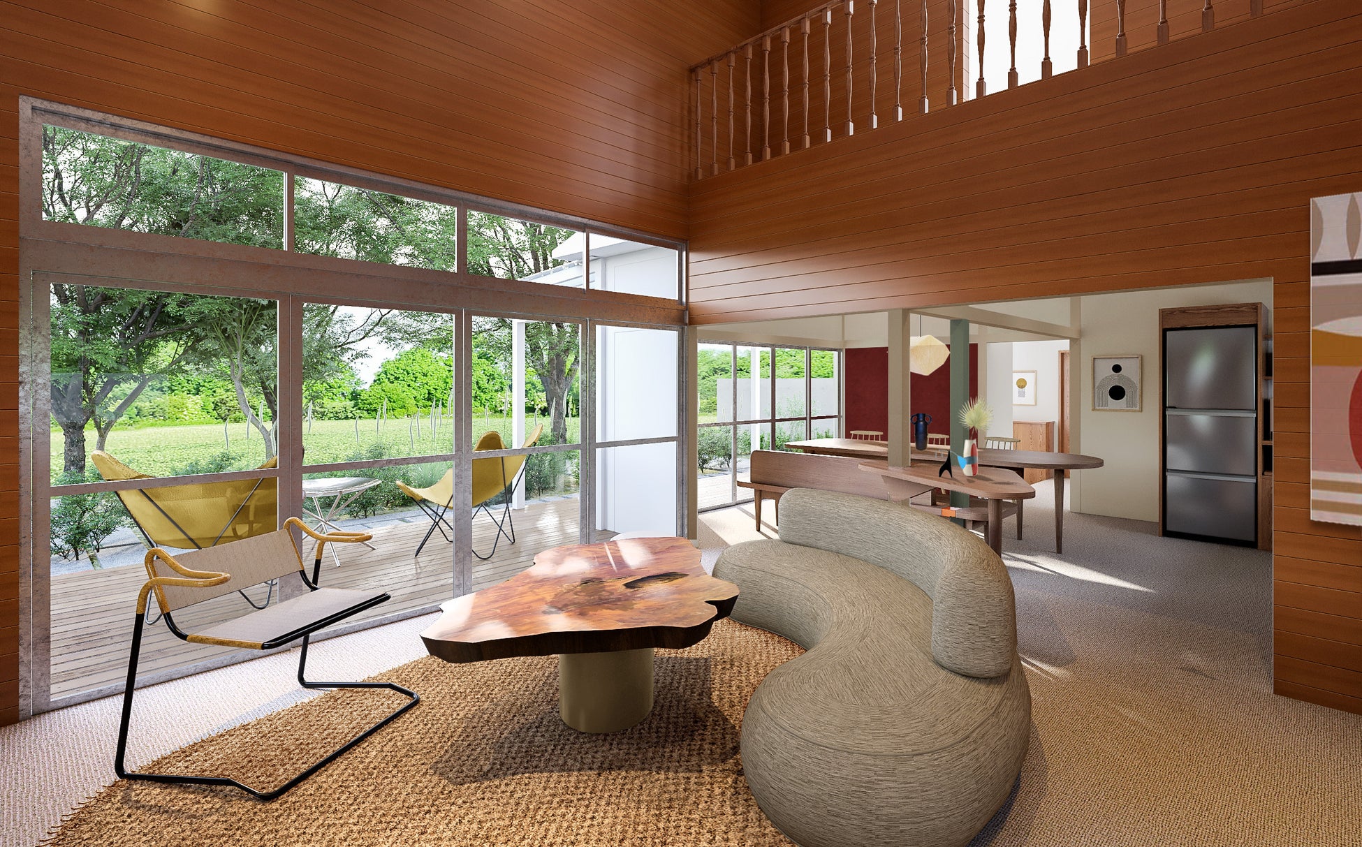 1階はリビング、ダイニング、キッチンを分けていた壁を取り払い、LDK一体となった大空間。2階の寝室にはワーク用デスクがあり、下の階の賑やかさを感じながらも仕事に集中して取り組むことができる環境を用意。