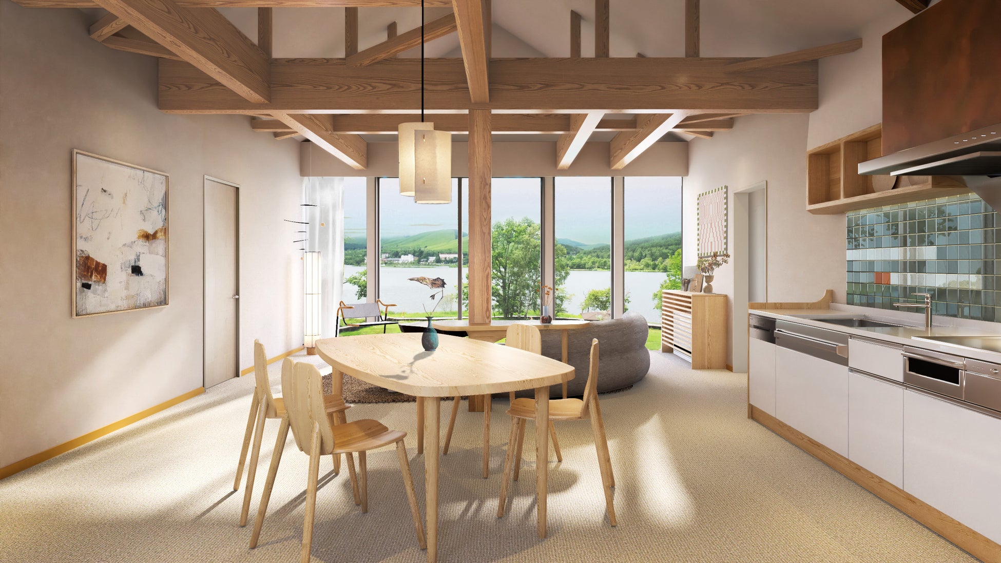 勾配天井で天高の開放感抜群のリビングダイニング。寝室が2部屋あるため友人家族を招き共に滞在を楽しむことが可能。各部屋にデスクもあり。