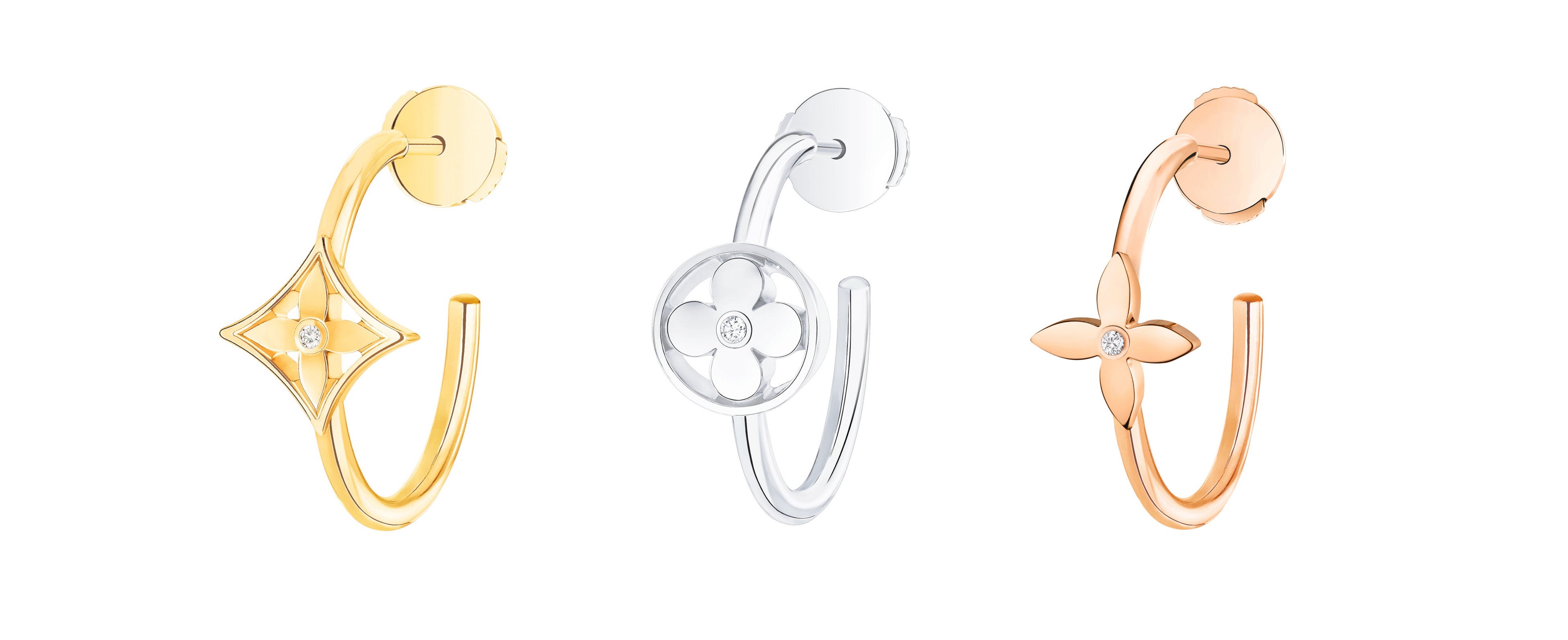 フープイヤリング「イディール ブロッサム」　左からYG×ダイヤモンド　¥228,800(税込)、WG×ダイヤモンド　¥261,800(税込)、PG×ダイヤモンド　¥228,800(税込)