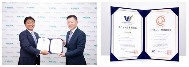 中山代表理事(右)より認定証を受け取る藤原社長