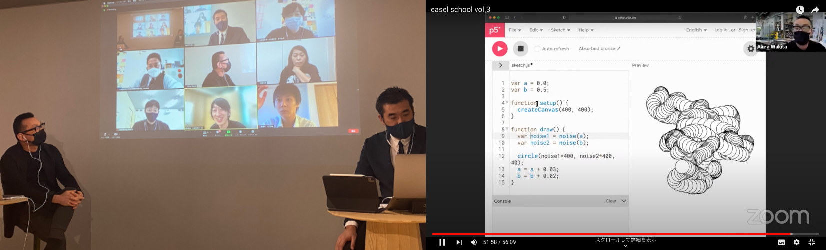 （左）第１回easel meetでは監修者の脇田玲も交えて先生方と意見交換（右）easel scholでは毎回監修者による簡単なワークショップを実施