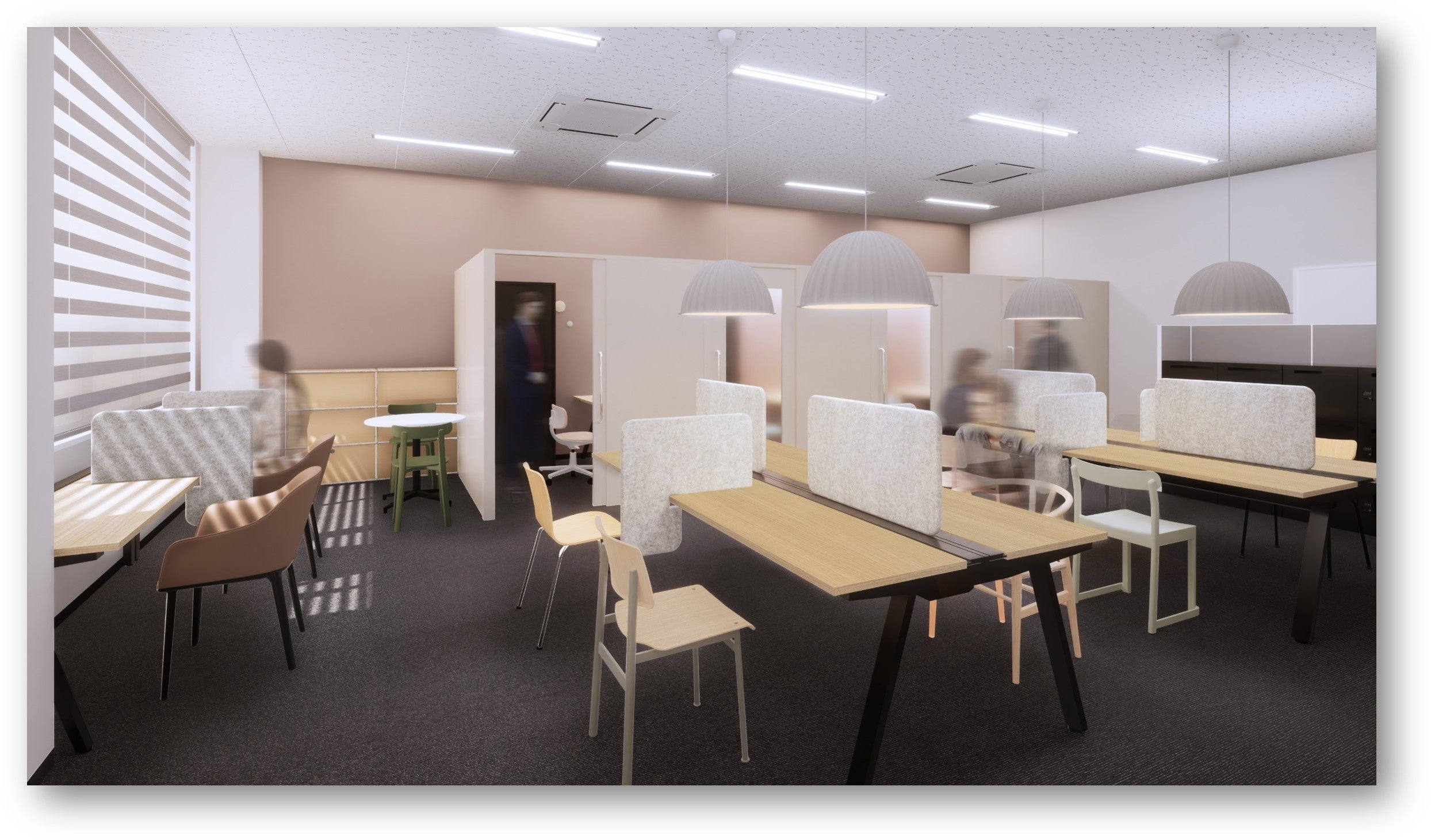 パーティションで区切られた個室空間とカフェのようなシェアオフィスが交わる空間