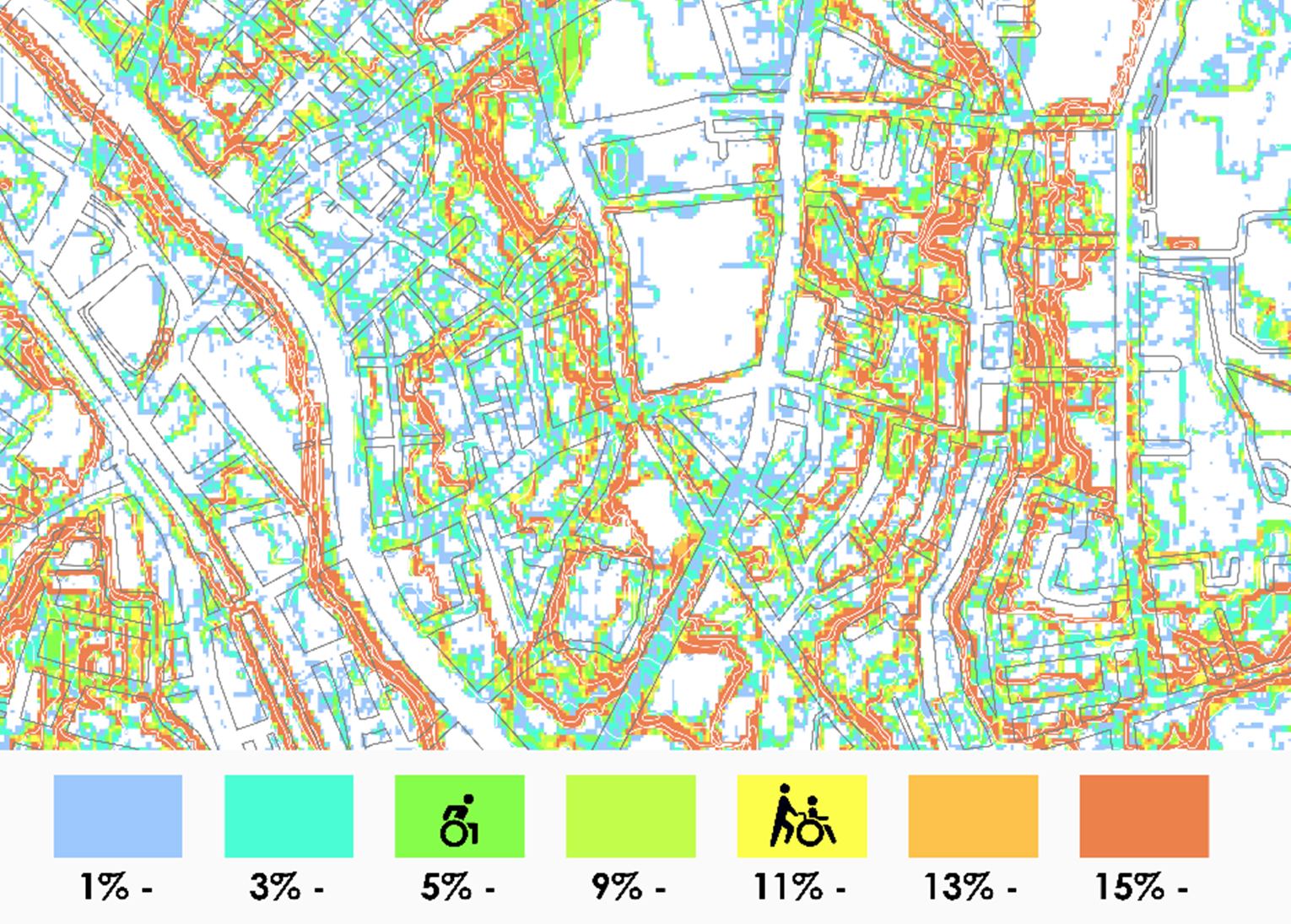 図2：勾配マップ（道路の勾配を表現した地図）